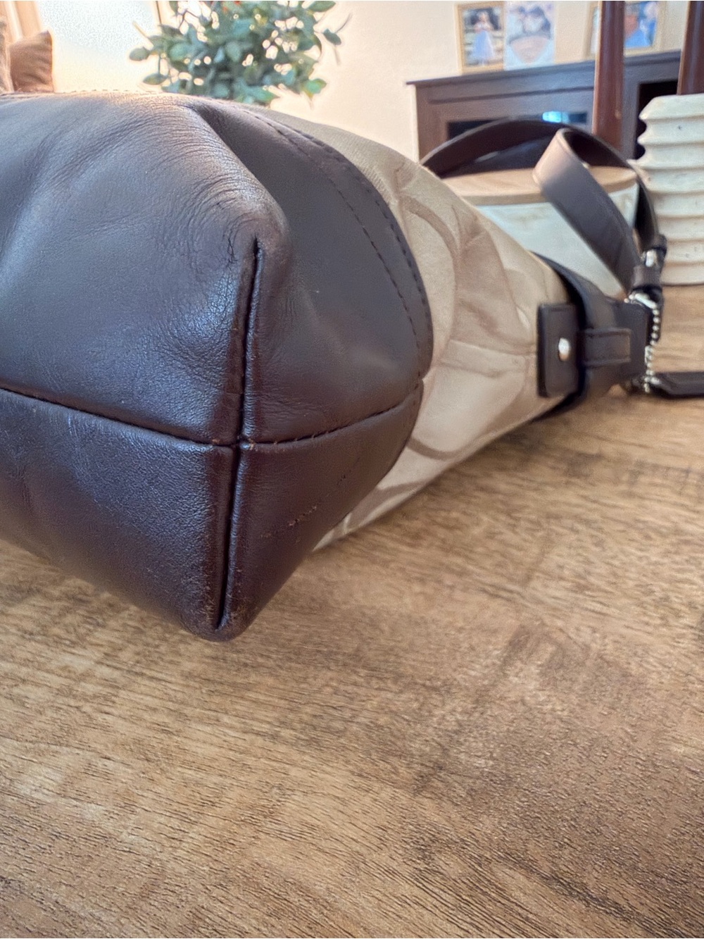 Y2K Aesthetic Coach Beige Signature Sateen Shoulder Bag with Brown Leather Trim - Picture 7 of 14